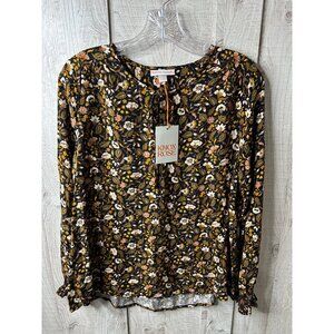Knox Rose Womens XS Floral Long Sleeve Blouse Black/Multicolor 100% Rayon